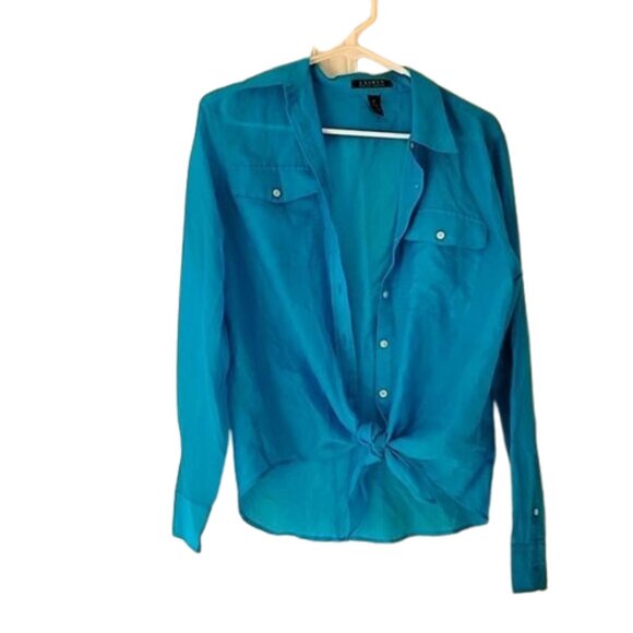 Ralph Lauren Top M Cotton Silk Blend Blouse Button Up Long Sleeve Tie Front - Picture 2 of 9